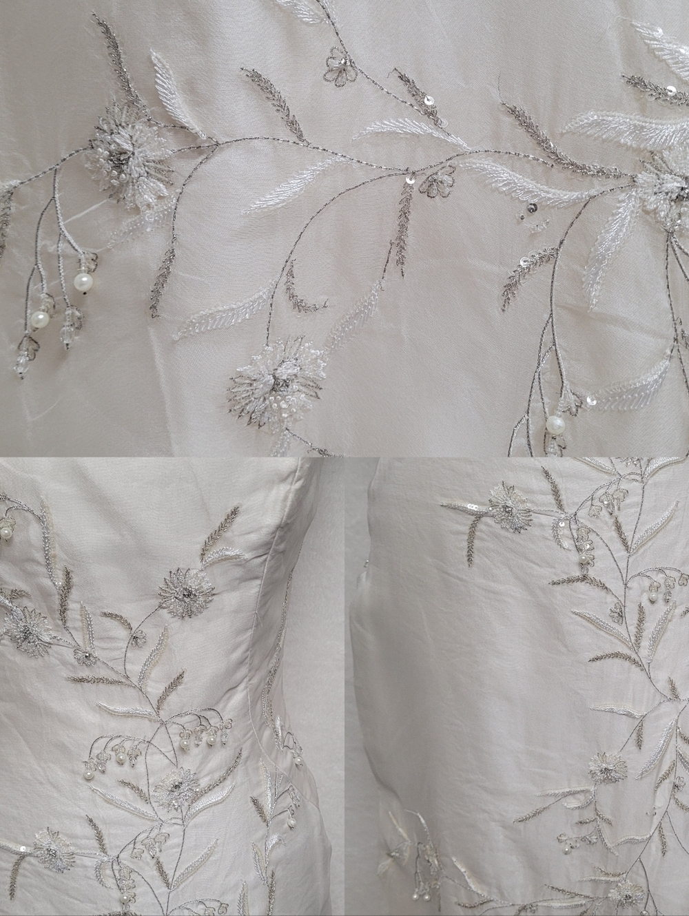 90s Vintage Lazaro Cream Silk Floral Embroidered Pearl Strapless Column Dress 10 - Picture 5 of 13